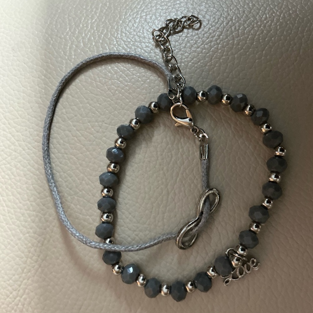 + Green Gray Beaded Bracelet with Silver Accents